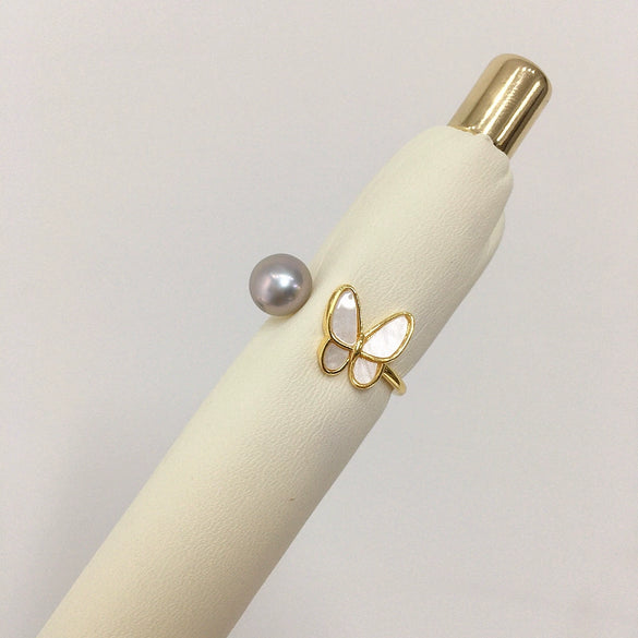 Freshwater Pearl Ring Butterfly Open Style Copper 5A Grade Natural