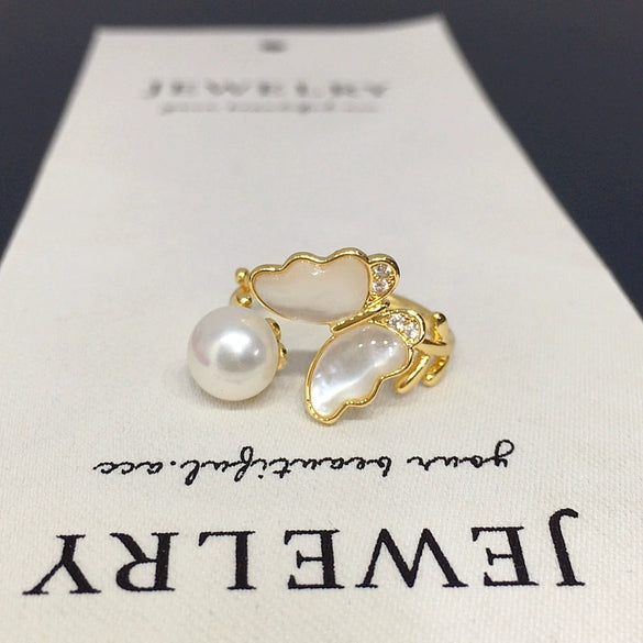 Freshwater Pearl Ring Butterfly Sea Shell Design Light Luxury Copper Women's Jewelry