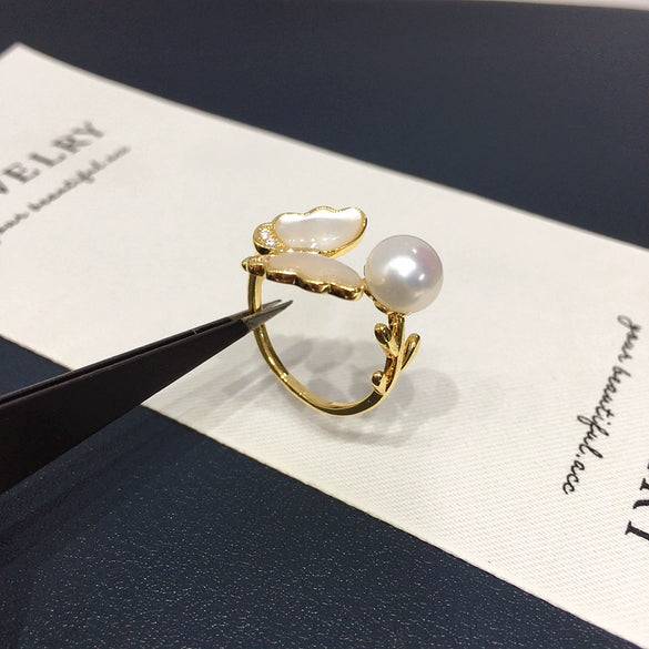 Freshwater Pearl Ring Butterfly Sea Shell Design Light Luxury Copper Women's Jewelry