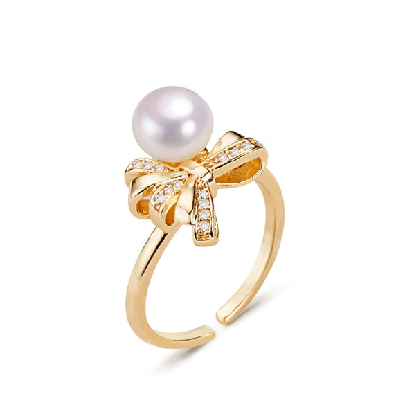 Freshwater Pearl Ring Copper And K Gold Bow Design Women's Style