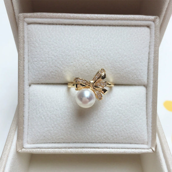 Freshwater Pearl Ring Copper And K Gold Bow Design Women's Style