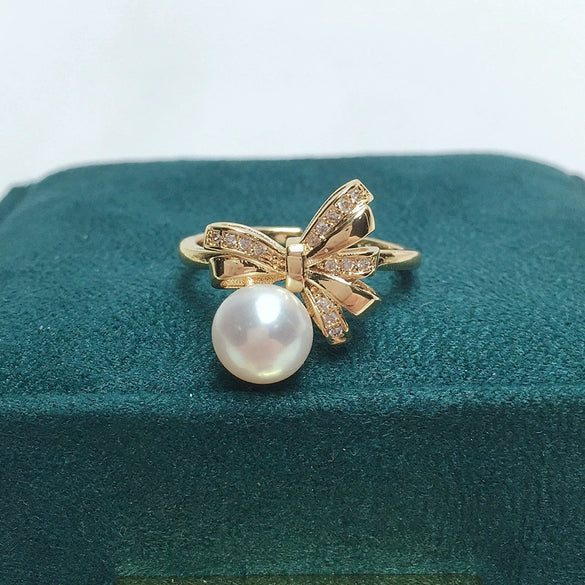 Freshwater Pearl Ring Copper And K Gold Bow Design Women's Style