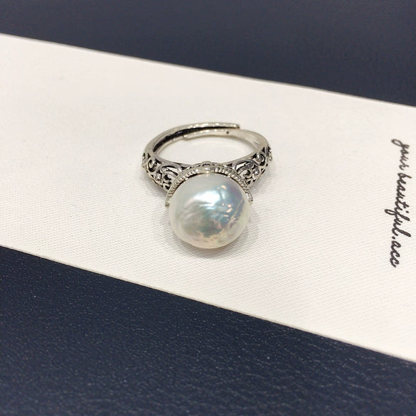 Freshwater Pearl Ring Copper Antique Silver Retro Alien Shape