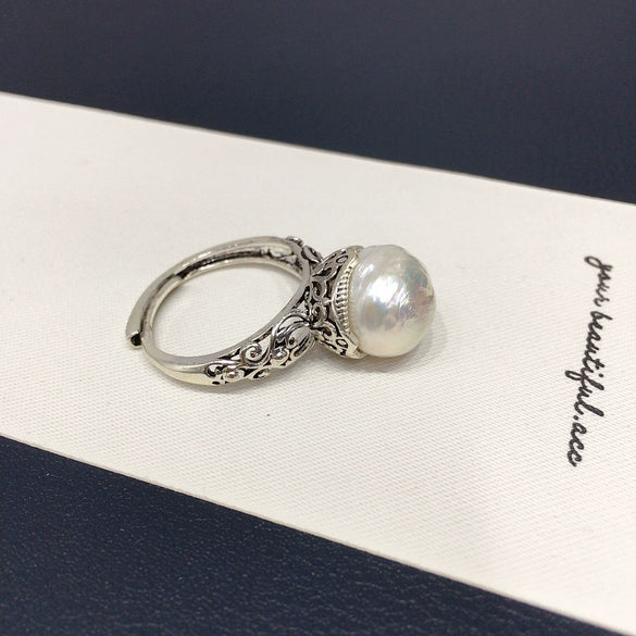 Freshwater Pearl Ring Copper Antique Silver Retro Alien Shape