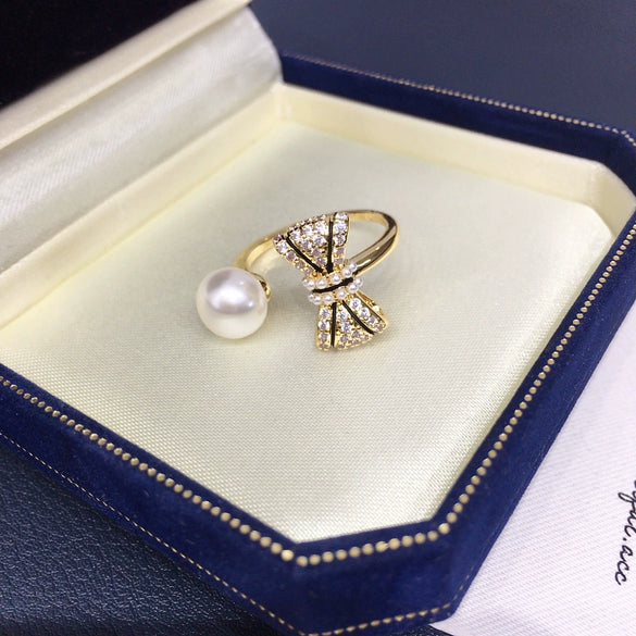 Freshwater Pearl Ring Copper Bow Design Women's Light Luxury Highend Jewelry