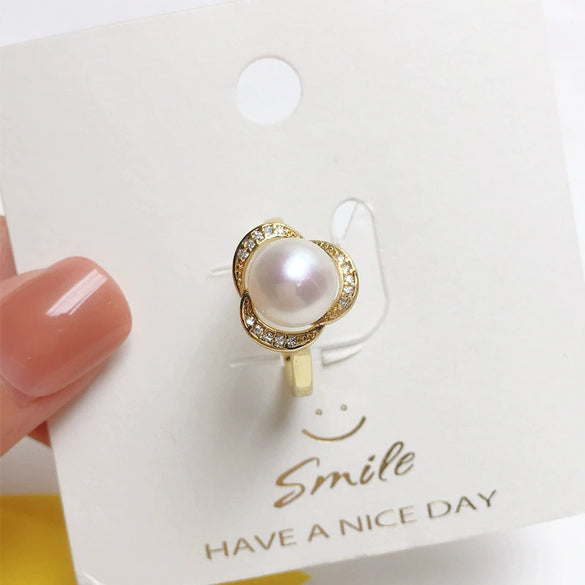 Freshwater Pearl Ring Copper Gold Plated With Zircon Micro Inlay Women's Style Flat Round And Steamed Bread Round Pearl
