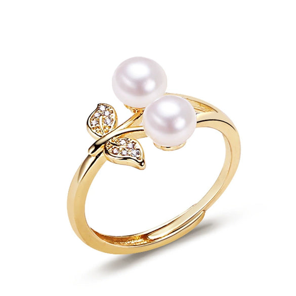 Freshwater Pearl Ring Copper Gold Plated Women's Flat Round Steamed Bread Round Beaded