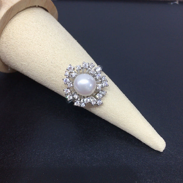 Freshwater Pearl Ring Copper 18K Gold Zircon Flat Round Bun Round Fashion Women's