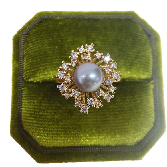 Freshwater Pearl Ring Copper 18K Gold Zircon Flat Round Bun Round Fashion Women's