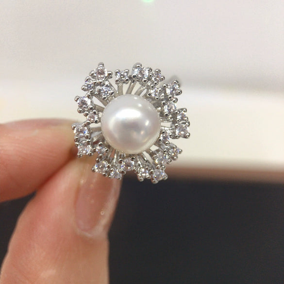 Freshwater Pearl Ring Copper 18K Gold Zircon Flat Round Bun Round Fashion Women's