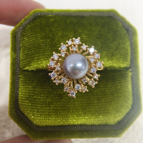Freshwater Pearl Ring Copper 18K Gold Zircon Flat Round Bun Round Fashion Women's