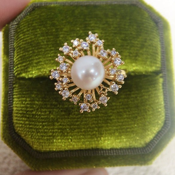 Freshwater Pearl Ring Copper 18K Gold Zircon Flat Round Bun Round Fashion Women's