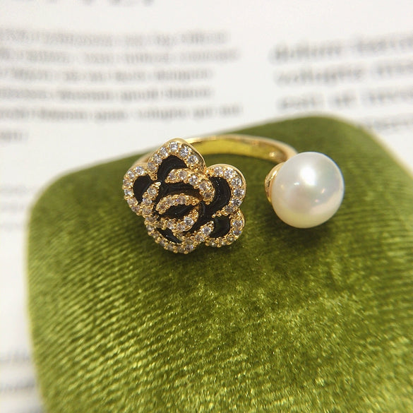 Freshwater Pearl Ring Copper Material Fashion Style Micro Set Zircon Oil Black Camellia Design For Women