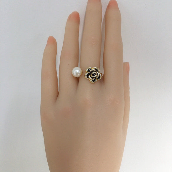 Freshwater Pearl Ring Copper Material Fashion Style Micro Set Zircon Oil Black Camellia Design For Women