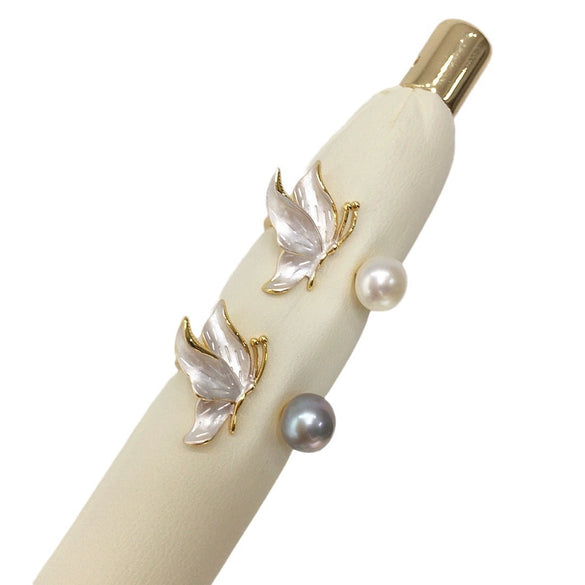 Freshwater Pearl Ring Copper Material Frosted Butterfly Style For Women