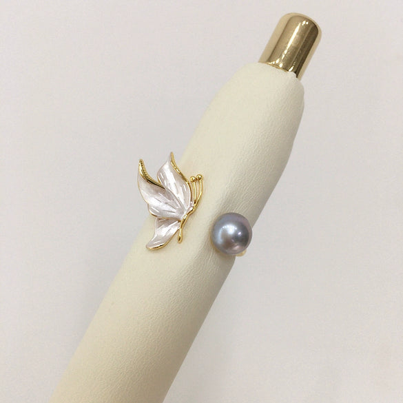 Freshwater Pearl Ring Copper Material Frosted Butterfly Style For Women