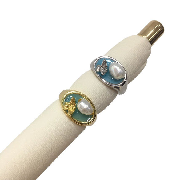 Freshwater Pearl Ring Copper Material Retro Style With Bee Design And Round Shape