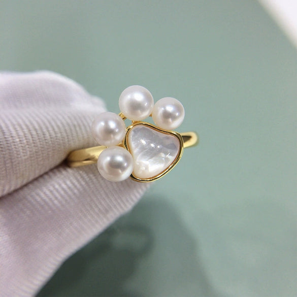 Freshwater Pearl Ring Copper Material With Gold Electroplating And Cat Claw Design For Women