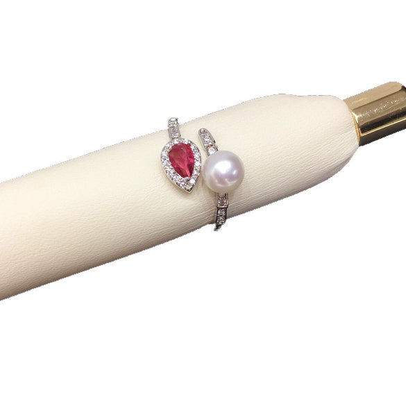 Freshwater Pearl Ring Copper Microinlaid Zircon Bamboo Ruby Open Women's Fashion Jewelry