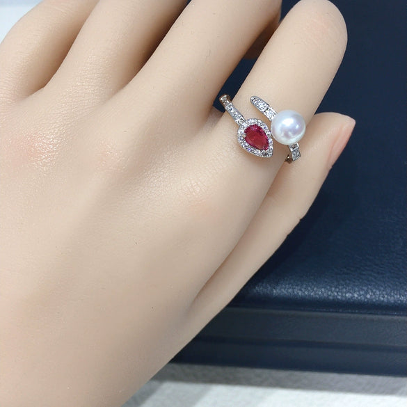 Freshwater Pearl Ring Copper Microinlaid Zircon Bamboo Ruby Open Women's Fashion Jewelry