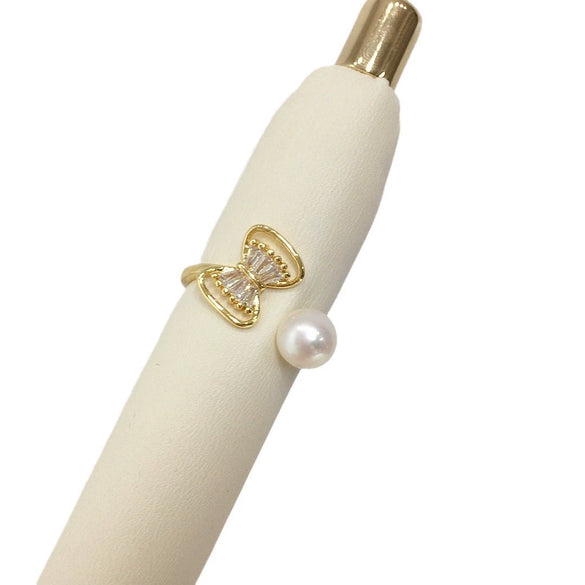 Freshwater Pearl Ring Copper Microinlaid Zircon Bow Flat Round Rose Buns Round Women's Fashion