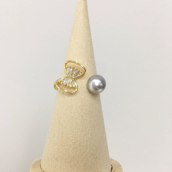 Freshwater Pearl Ring Copper Microinlaid Zircon Bow Flat Round Rose Buns Round Women's Fashion