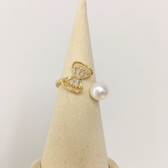 Freshwater Pearl Ring Copper Microinlaid Zircon Bow Flat Round Rose Buns Round Women's Fashion
