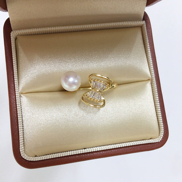 Freshwater Pearl Ring Copper Microinlaid Zircon Bow Flat Round Rose Buns Round Women's Fashion
