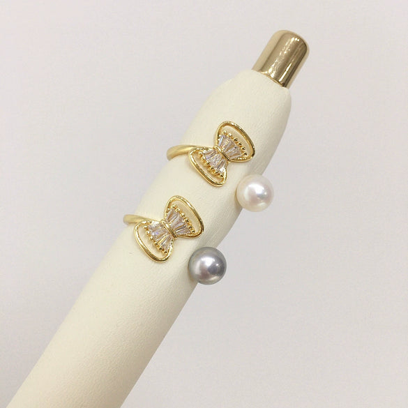 Freshwater Pearl Ring Copper Microinlaid Zircon Bow Flat Round Rose Buns Round Women's Fashion