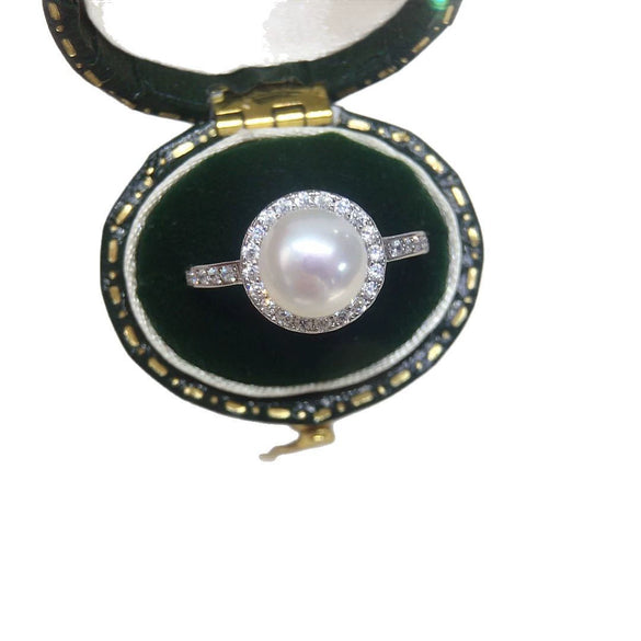 Freshwater Pearl Ring Copper Microinlaid Zircon Women's Fashion Flat Round Bun Round Jewelry