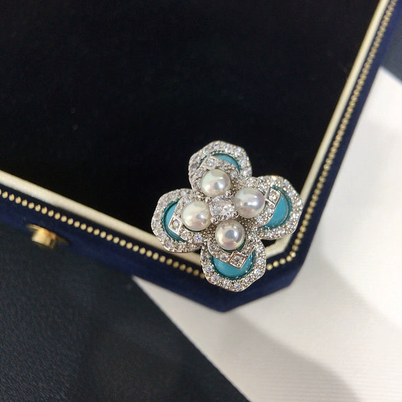 Freshwater Pearl Ring Copper Retro Court Style Fourleaf Flower Jewelry For Women