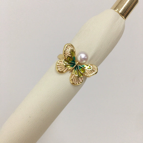 Freshwater Pearl Ring Copper Retro Enamel Butterfly Women's Adjustable Opening