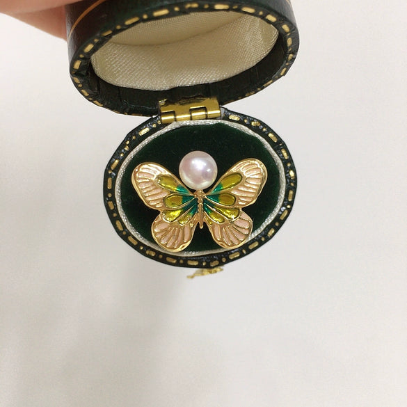 Freshwater Pearl Ring Copper Retro Enamel Butterfly Women's Adjustable Opening