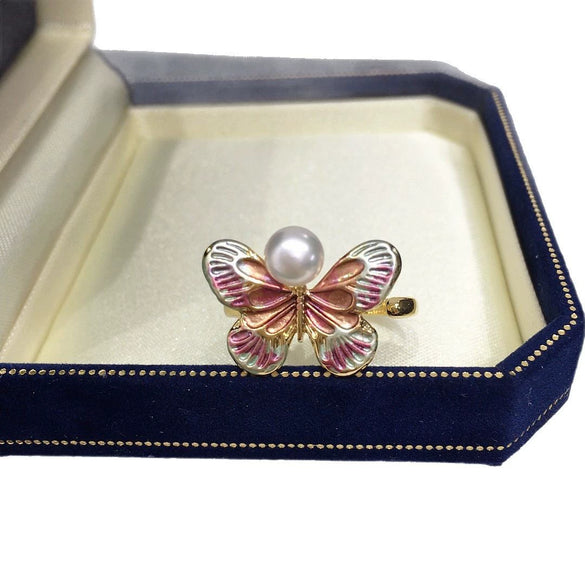 Freshwater Pearl Ring Copper Retro Enamel Butterfly Women's Adjustable Opening