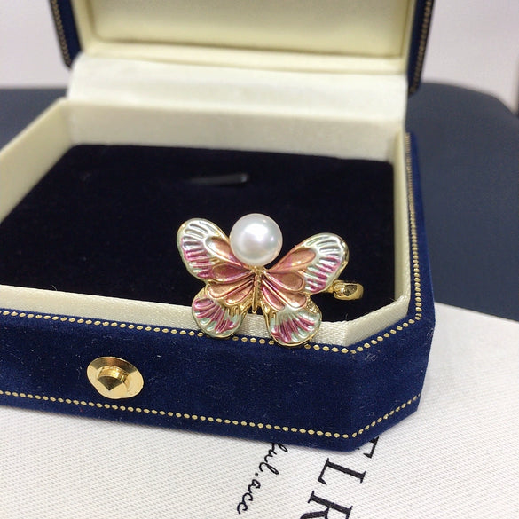 Freshwater Pearl Ring Copper Retro Enamel Butterfly Women's Adjustable Opening