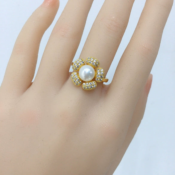 Freshwater Pearl Ring Copper Sunflower Micro Set Zircon Women's Light Luxury Fashion Jewelry