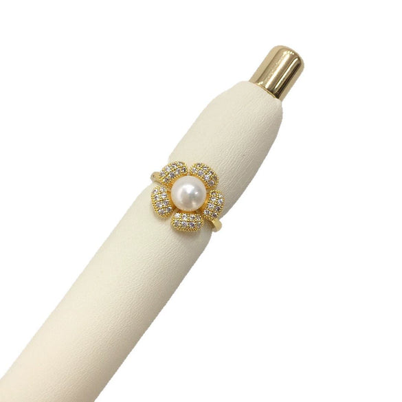 Freshwater Pearl Ring Copper Sunflower Micro Set Zircon Women's Light Luxury Fashion Jewelry