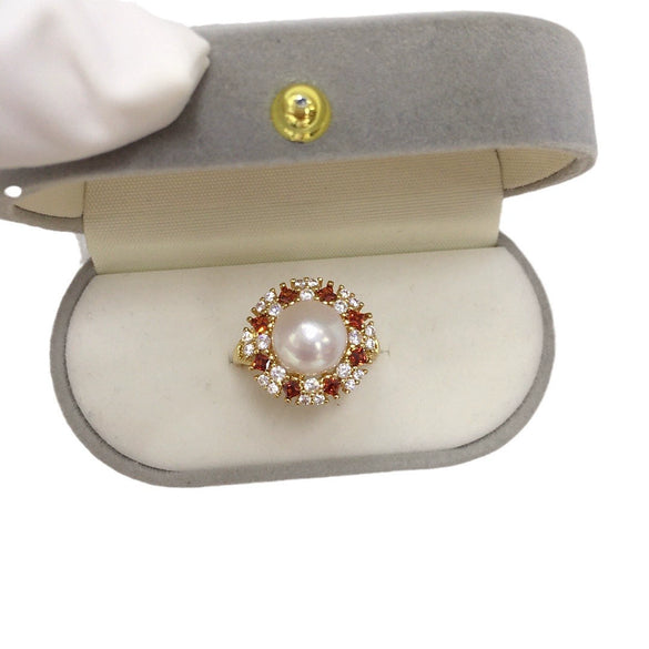 Freshwater Pearl Ring Copper With Gold Color Preservation Micro Zircon Flat Round And Bun Round Style Women's