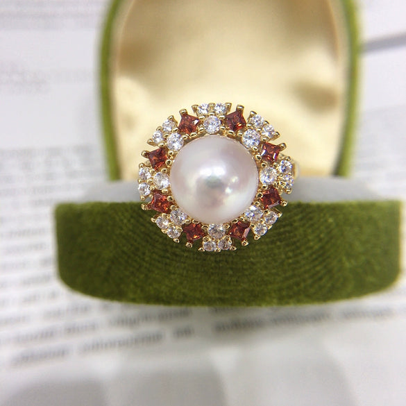 Freshwater Pearl Ring Copper With Gold Color Preservation Micro Zircon Flat Round And Bun Round Style Women's
