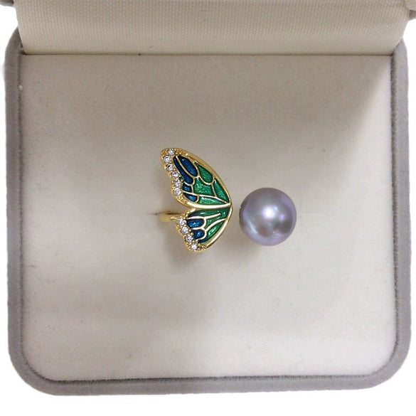 Freshwater Pearl Ring Copper With 18K Gold Electroplating Fashion Casual Butterfly Half Wings Design For Women