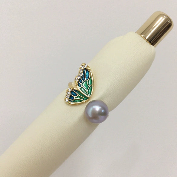 Freshwater Pearl Ring Copper With 18K Gold Electroplating Fashion Casual Butterfly Half Wings Design For Women