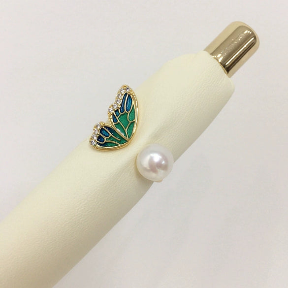 Freshwater Pearl Ring Copper With 18K Gold Electroplating Fashion Casual Butterfly Half Wings Design For Women
