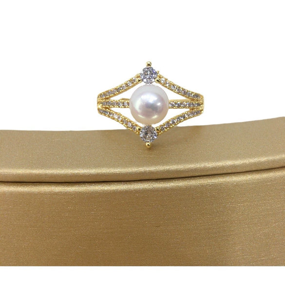 Freshwater Pearl Ring Fashion Exquisite Micro Inlaid Zircon Diamond Copper Adjustable Opening Women's Flat Round Rose Buns Round