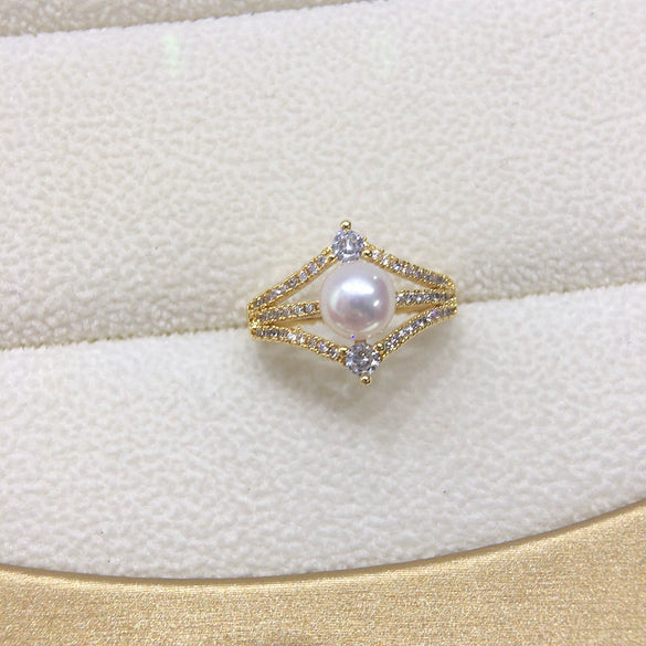 Freshwater Pearl Ring Fashion Exquisite Micro Inlaid Zircon Diamond Copper Adjustable Opening Women's Flat Round Rose Buns Round