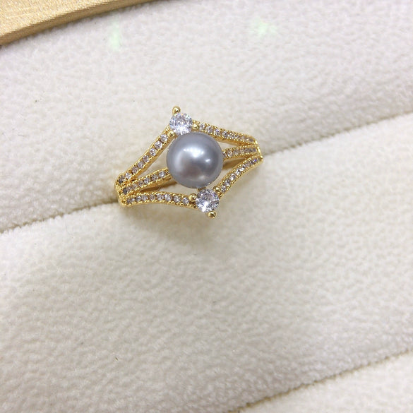 Freshwater Pearl Ring Fashion Exquisite Micro Inlaid Zircon Diamond Copper Adjustable Opening Women's Flat Round Rose Buns Round