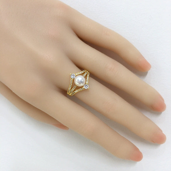 Freshwater Pearl Ring Fashion Exquisite Micro Inlaid Zircon Diamond Copper Adjustable Opening Women's Flat Round Rose Buns Round