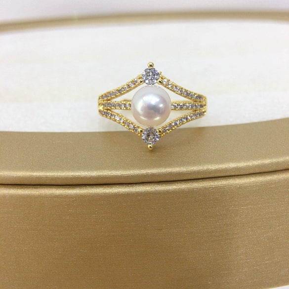 Freshwater Pearl Ring Fashion Exquisite Micro Inlaid Zircon Diamond Copper Adjustable Opening Women's Flat Round Rose Buns Round