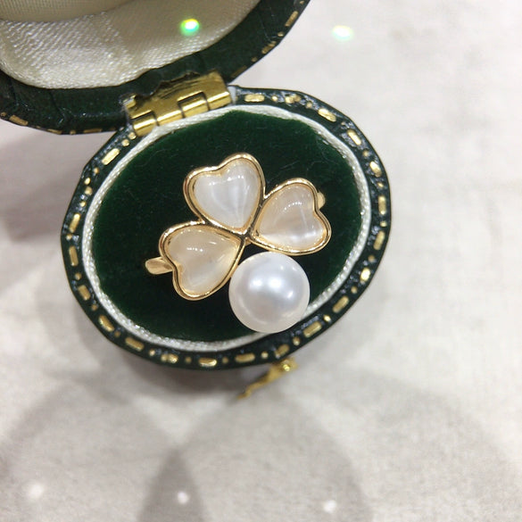 Freshwater Pearl Ring Light Luxury Cat's Eye Stone Clover Design Copper Material Round Shape Women's Jewelry