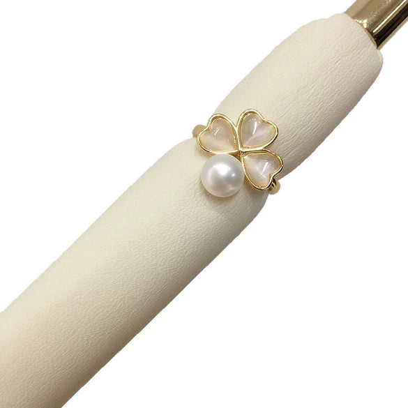 Freshwater Pearl Ring Light Luxury Cat's Eye Stone Clover Design Copper Material Round Shape Women's Jewelry