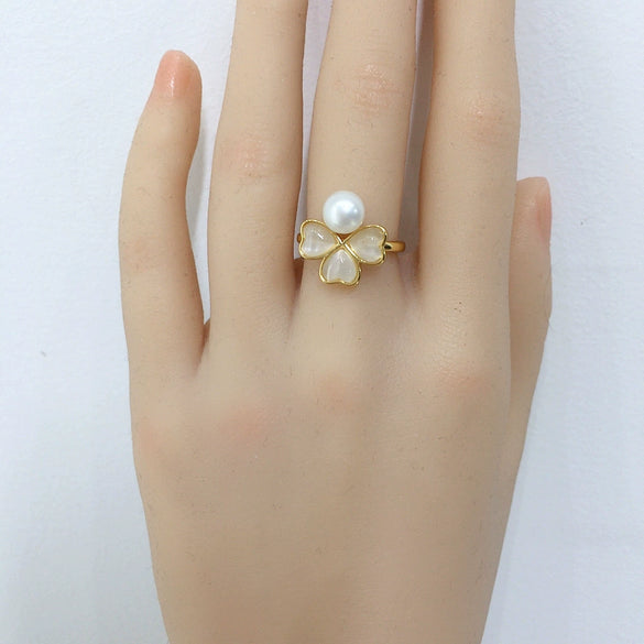 Freshwater Pearl Ring Light Luxury Cat's Eye Stone Clover Design Copper Material Round Shape Women's Jewelry